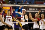 Hannah Werth, center, reacts to a call in the first round of the NCAA volleyball tournament on Friday, Nov. 30, 2012 at the NU Coliseum in Lincoln, Neb.